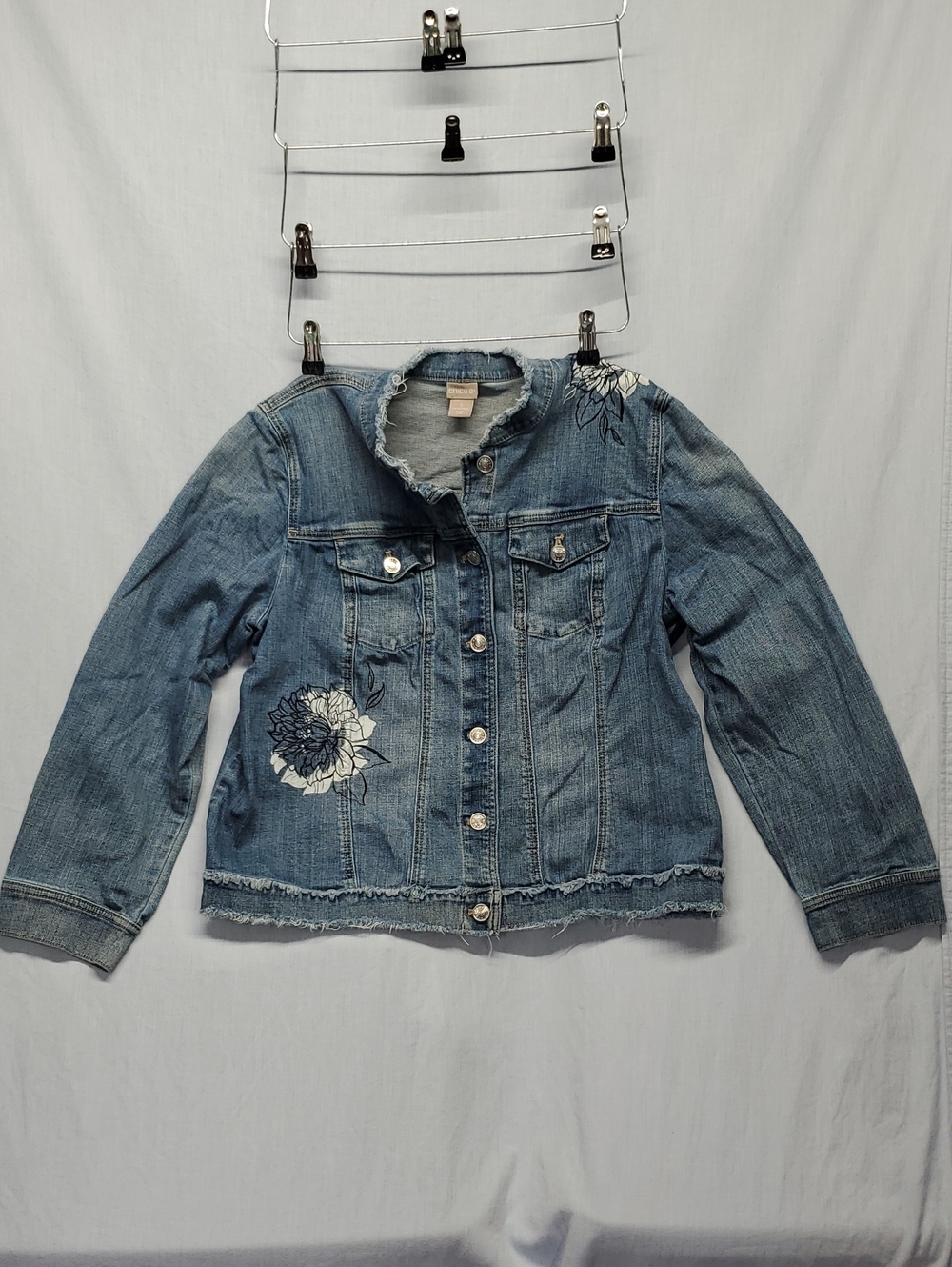 Chico's Blue Denim Jacket with White Floral Appliqué #351